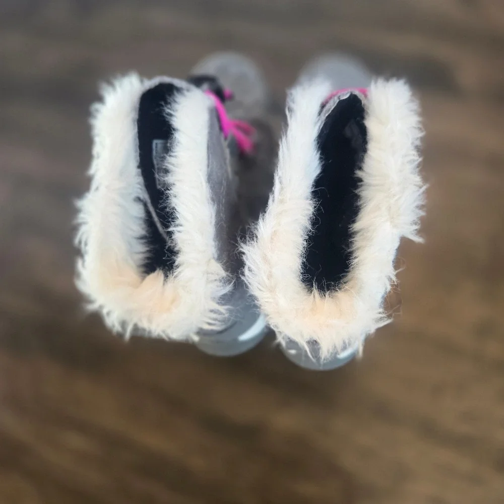 Sorel Whitney Kids Grey Suede‎ Felt Waterproof Winter Boots Pink Bungee Faux Fur